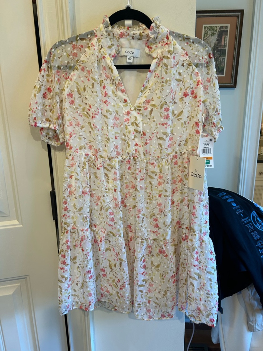 PETITE CeCe White Floral Tiered Mini Dress with Pink & Green Accents